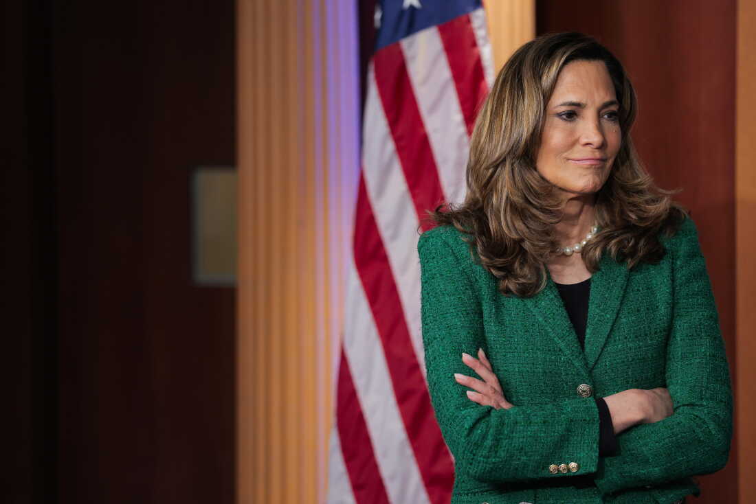Rep. María Elvira Salazar, R-Fla., looks on during a news conference at the U.S. Capitol on May 20, 2026. Salazar has warned that President Trump's immigration policies could be driving Latino voters away from the GOP.