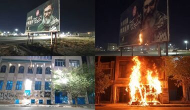 Tehran & Shahriar, Iran, October 2026. Khamenei billboards torched (upper panels); state-aligned base attacked