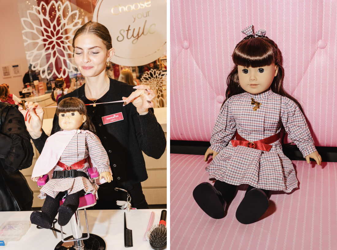 Left: Friedrichsen ties a ribbon on Balaban's doll's hair. Right: Balaban's Samantha doll after the salon experience. The doll has brown bangs.