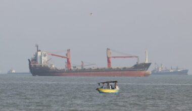 Vessels in the Strait of Hormuz near the beach of Bandar Abbas