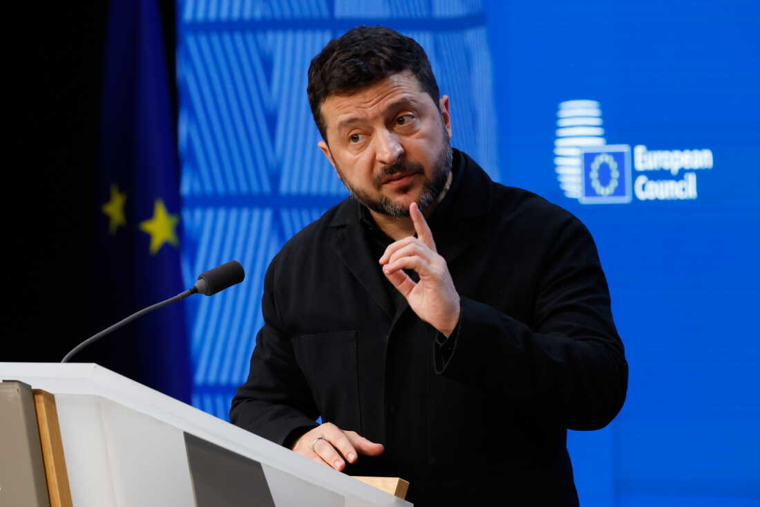 Ukraine's President Volodymyr Zelenskyy speaks during a media conference at the EU summit in Brussels, Friday, Oct. 16, 2026.