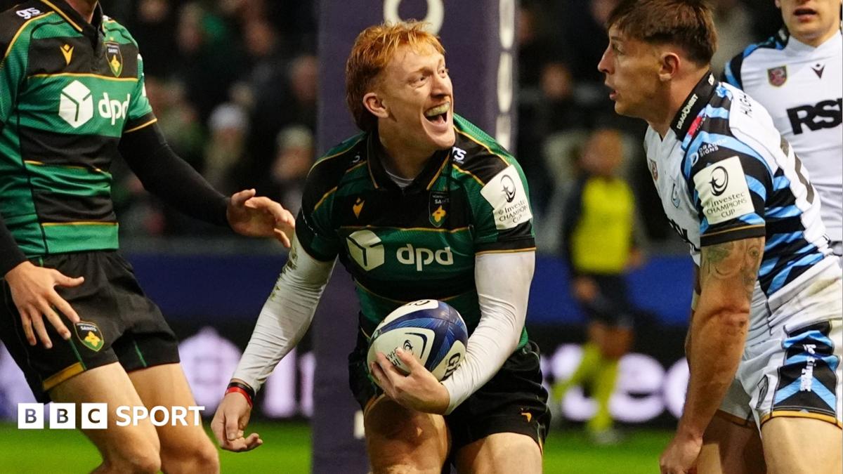 Northampton's George Hendy celebrates scoring against Cardiff