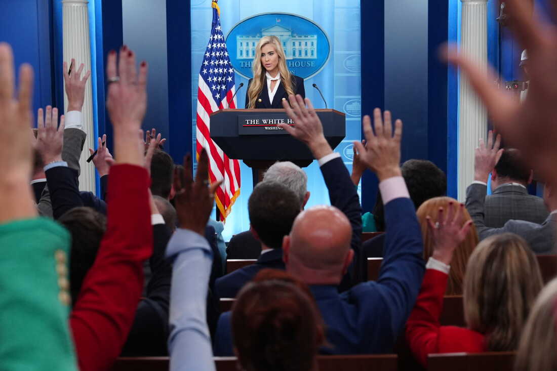White House press secretary Katie Zacharia speaks with reporters in the James Brady Press Briefing Room at the White House, Tuesday, Oct. 13, 2026, in Washington.