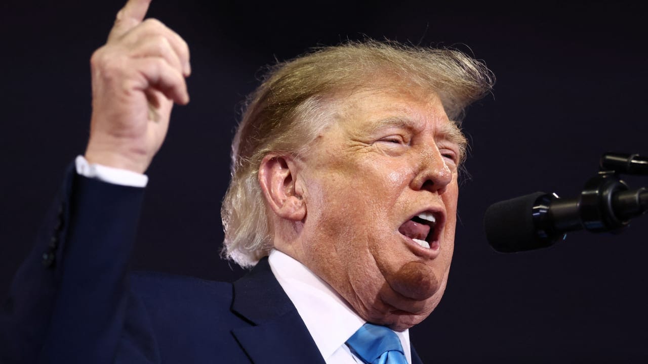 US President Donald Trump speaks during a campaign rally to support Republican House of Representatives candidate Ed Gallrein and Senate candidate Andy Barr, at Truist Arena in Highland Heights, Kentucky, US, October 17, 2026