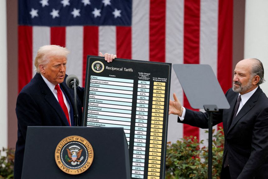 Trump holds a chart next to US Secretary of Commerce Howard Lutnick in Washington, DC, on April 2, 2025.