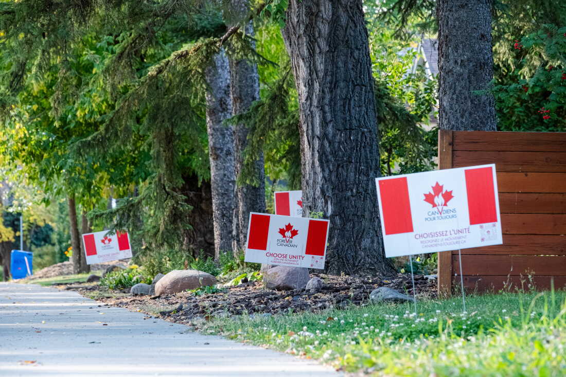 Forever Canadian signs in front of a home in Edmonton, Alberta, Canada, Sept. 28, 2026.