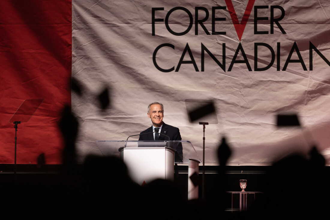 Canadian Prime Minister Mark Carney speaks at a rally hosted by Forever Canadian on Canadian Unity at the Edmonton Expo Center in Edmonton, Alberta, Canada on Oct. 16, 2026.