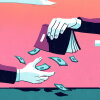 Money falling out of a book and exchanging hands.