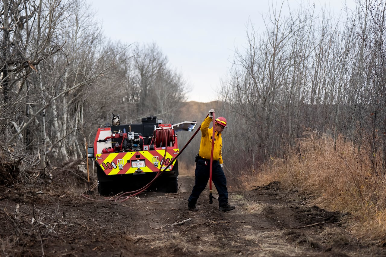 A firefighter with a yellow shirt and orange helmet walks with a hose near a truck.