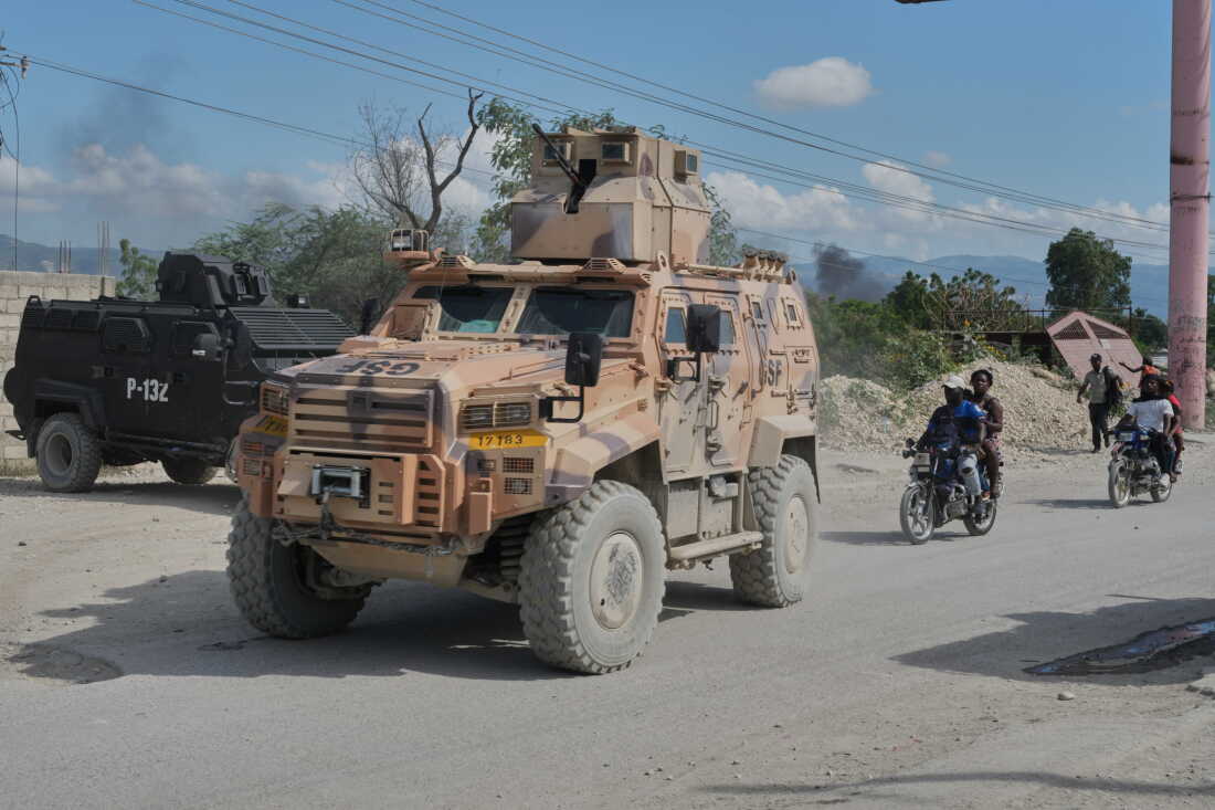 Armored police vehicles that are part of the Gang Suppression Force (GSF) patrol the Tabarre neighborhood of Port-au-Prince, Haiti, Monday, Oct. 19, 2026.