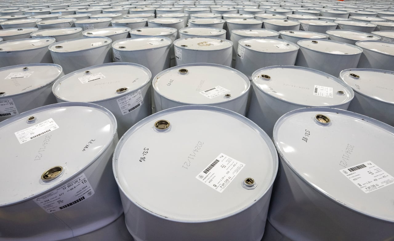 Rows of barrels of maple syrup.