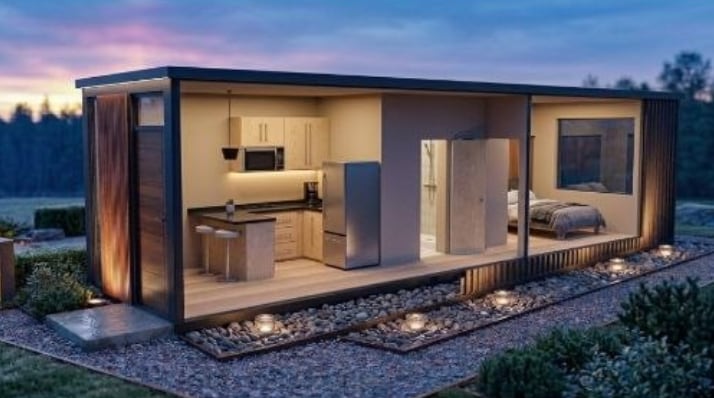 A rectangular home in the dusk with a sleek interior.