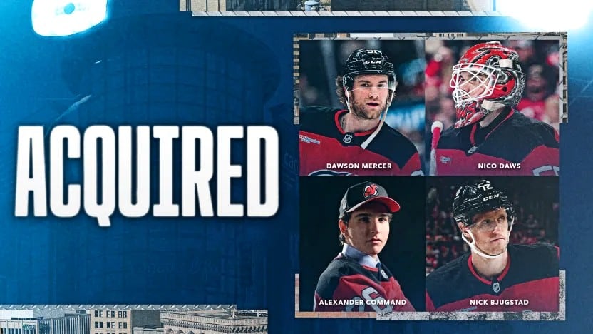 A photo shows four smaller images of hockey players with the word "acquired."