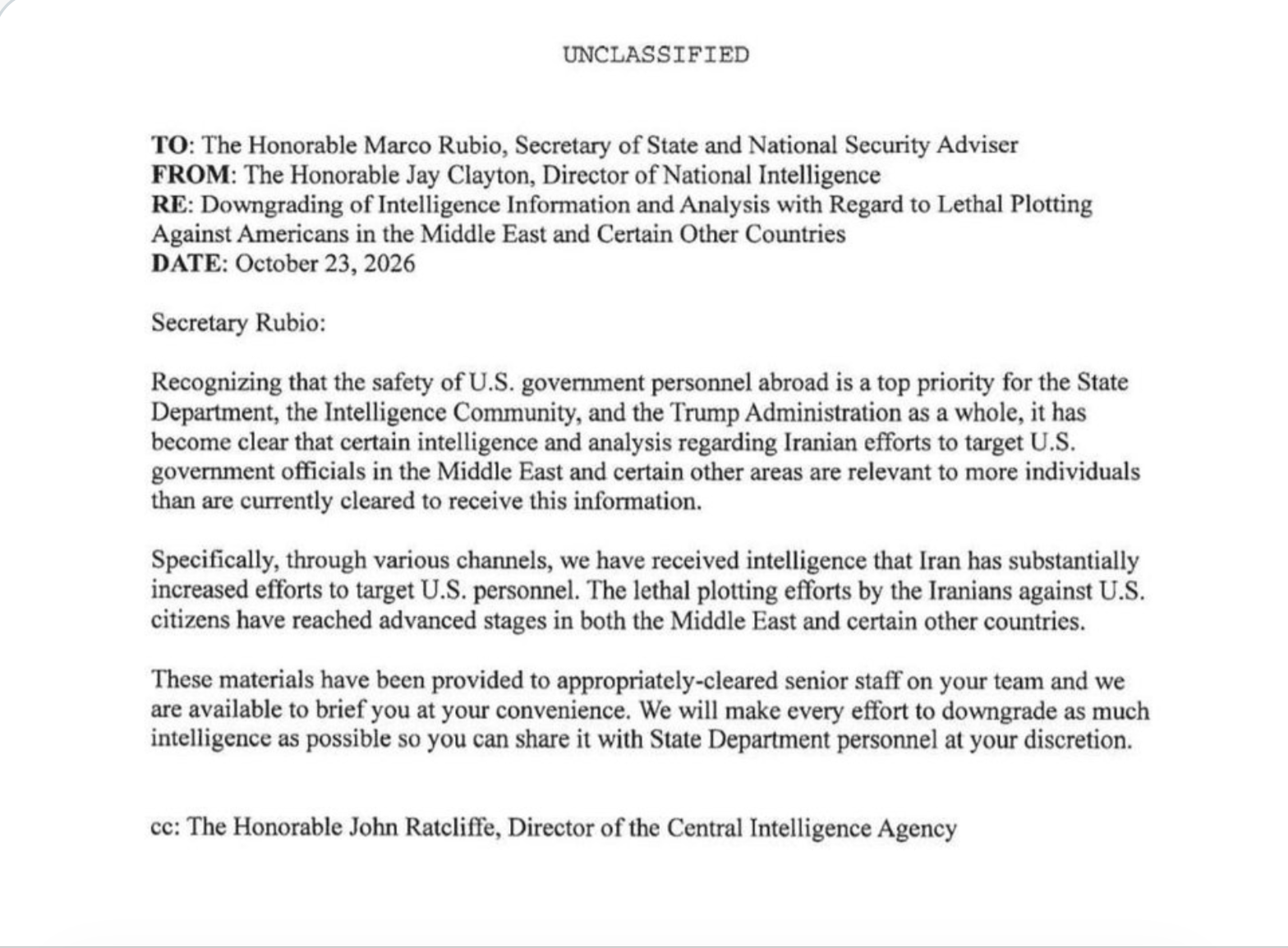 U.S. Director of National Intelligence memo