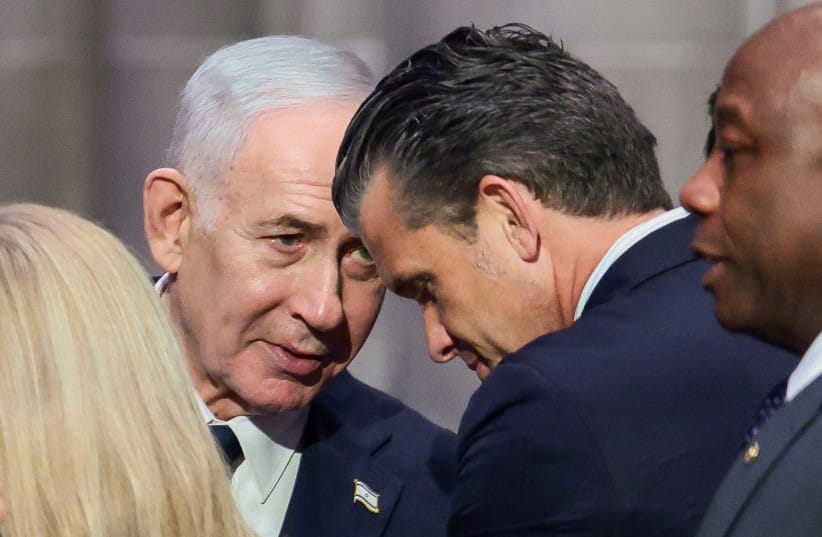 Israeli Prime Minister Benjamin Netanyahu and US Defense Secretary Pete Hegseth on the day of the funeral service for late US Senator Lindsey Graham (R-SC) at Washington National Cathedral in Washington, DC, US, July 28, 2026.