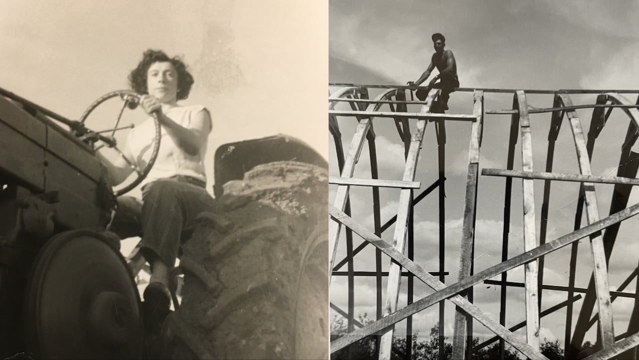 Side by side black-and-white photos of a young woman driving a tractor and a man building the shell of a barn.