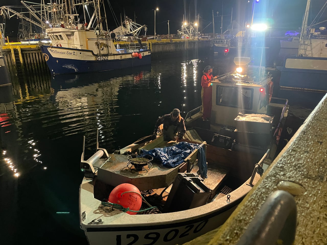 The sky and water are dark, and a few lights shine to highlight the boat tied up near a wharf.