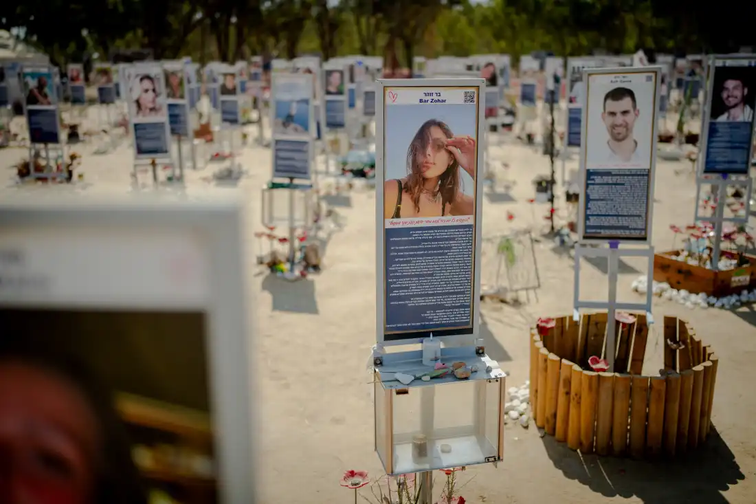 A memorial marker displaying the photo and biography of Bar Zohar stands among hundreds of tributes at the Nova music festival site near Kibbutz Re'im, southern Israel, on Sept. 24, 2026. More than 360 people were killed at the site during the Hamas-led attack on Oct. 7, 2023.