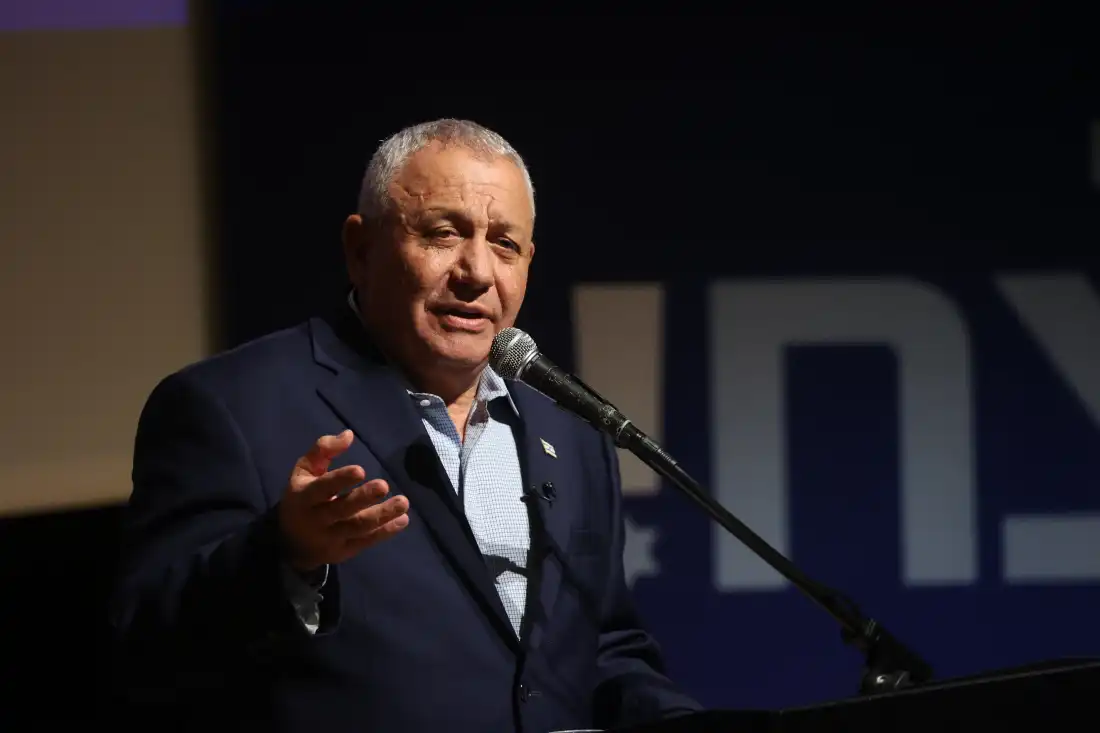 Gadi Eisenkot, leader of the Yashar party and candidate for prime minister, speaks during an election campaign conference.