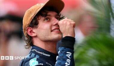 Mercedes' Kimi Antonelli looks up and clenches his fist in celebration after winning the US Grand Prix