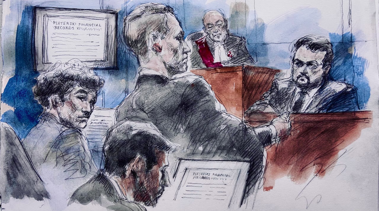 Court sketch of a forensic accountant testifying at Aiden Pleterski's fraud trial.