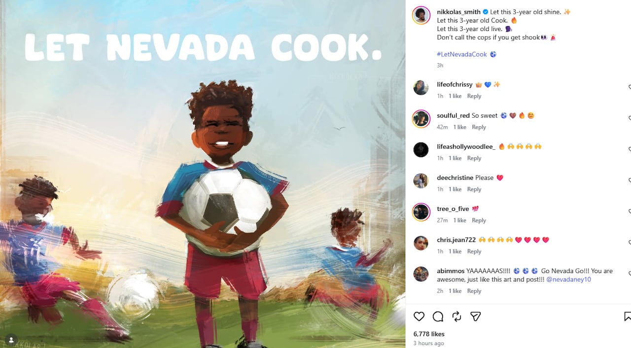 An illustration that says "Let Nevada Cook" showing a smiling child holding a soccer ball.