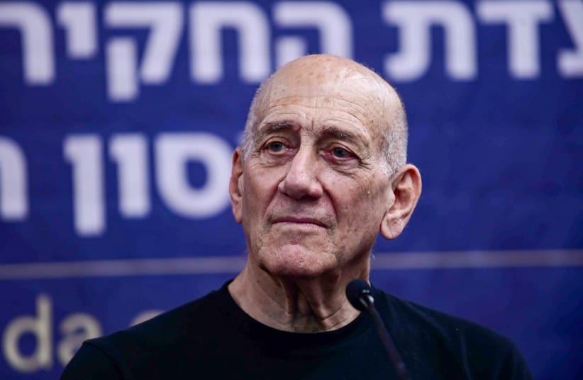 Former Israeli Prime Minister Ehud Olmert testifies during a hearing of the civil investigative committee on the October 7 massacre, in Tel Aviv, August 8, 2024