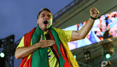 Presidential candidate Flávio Bolsonaro delivers a speech during a rally in Porto Alegre, Brazil, on October 14, 2026.