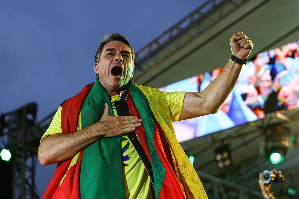 Presidential candidate Flávio Bolsonaro delivers a speech during a rally in Porto Alegre, Brazil, on October 14, 2026.