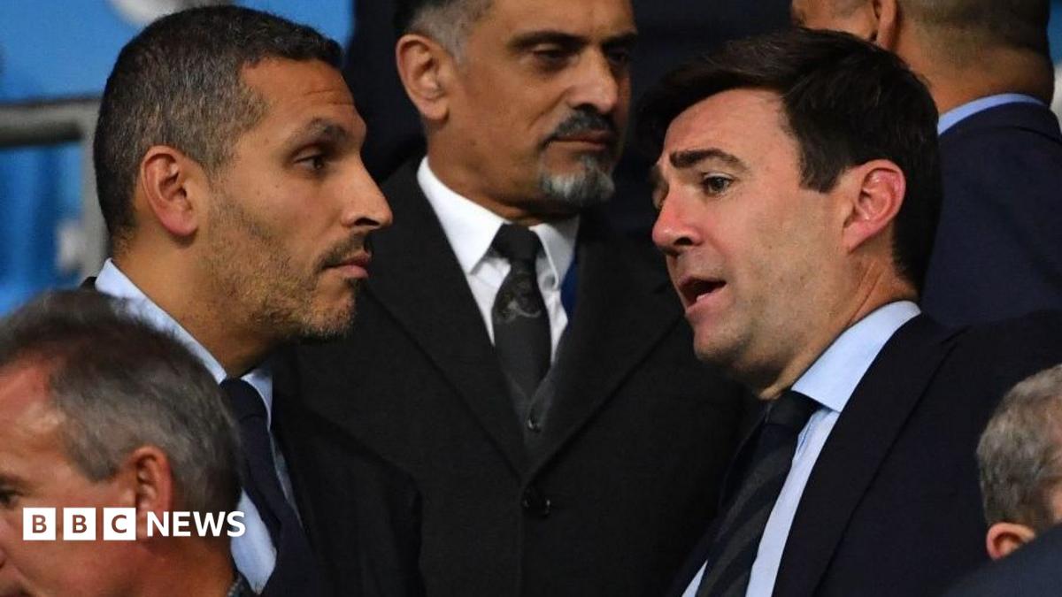 Man City chairman Khaldoon Al Mubarak (left) chats to Andy Burnham in 2019 at the Etihad Stadium when he was mayor of Greater Manchester.