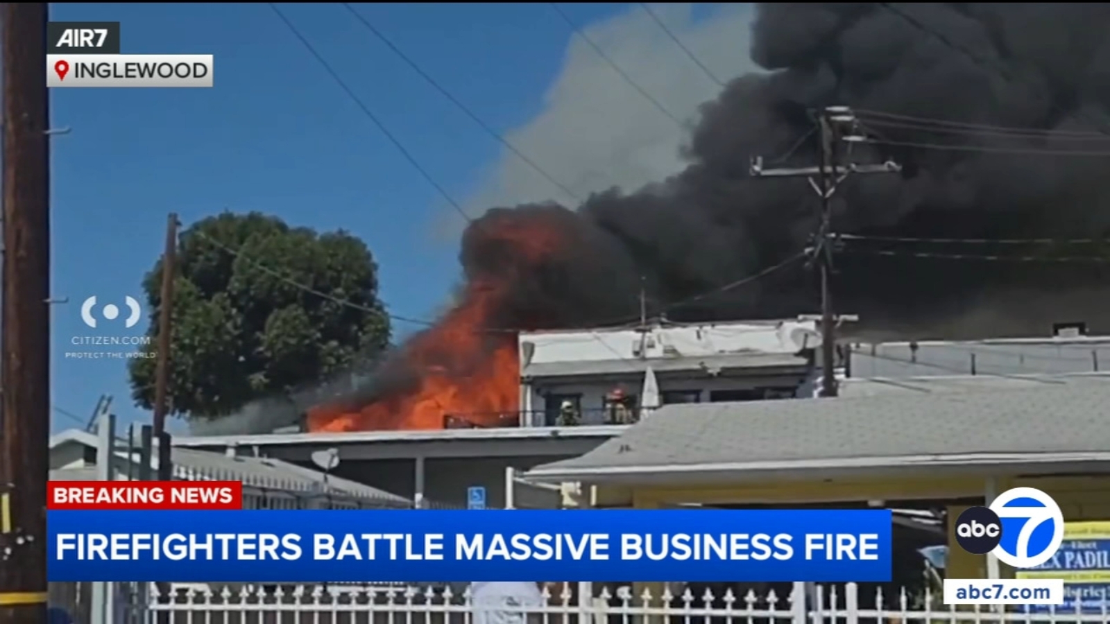 Flames rip through Inglewood strip mall, causing roof to collapse at 2 businesses