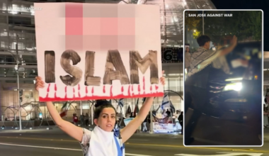 Pro-Israel and pro-Palestine protests turn combative at San Jose City Hall with graphic sign, car on sidewalk