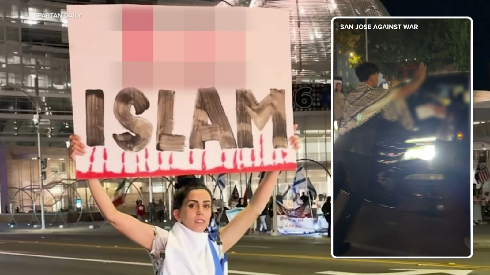 Pro-Israel and pro-Palestine protests turn combative at San Jose City Hall with graphic sign, car on sidewalk