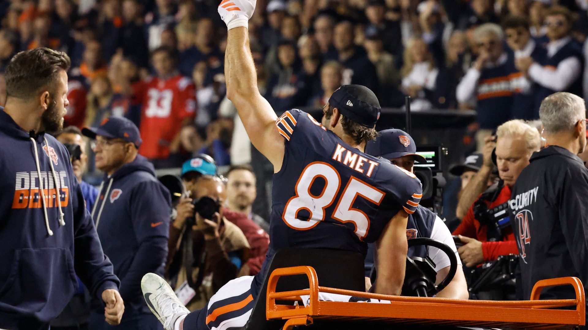 Chicago Bears tight end Cole Kmet gives a thumbs up after getting tackled by the New England Patriots in Chicago, Thursday, Oct. 22, 2026. Kmet was hurt on the play.