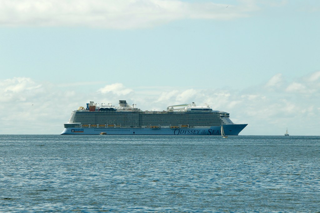 The cruise ship 'Odyssey of the Seas' anchored in the bay of Palma.