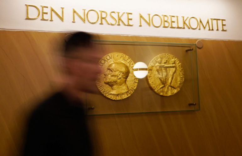 A view of a sign reading "The Norwegian Nobel Committee" inside the Norwegian Nobel Institute, where the laureate of the Nobel Peace Prize is announced, in Oslo, Norway, October 6, 2023. REUTERS/ Tom Little