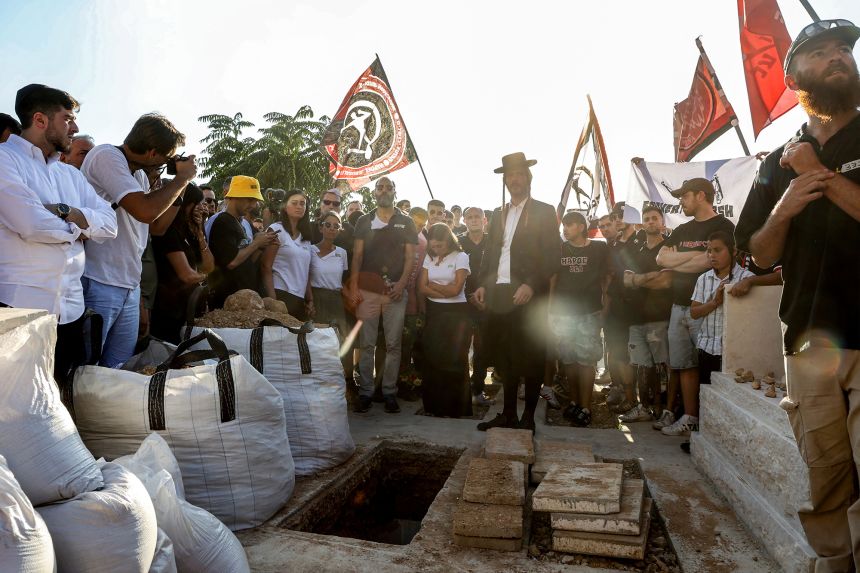 Family members and other mourners gather to bury Hersh Goldberg-Polin, whose body was recovered with those of five other hostages in Gaza, at Givat Shaul cemetery in Jerusalem on September 2, 2024.