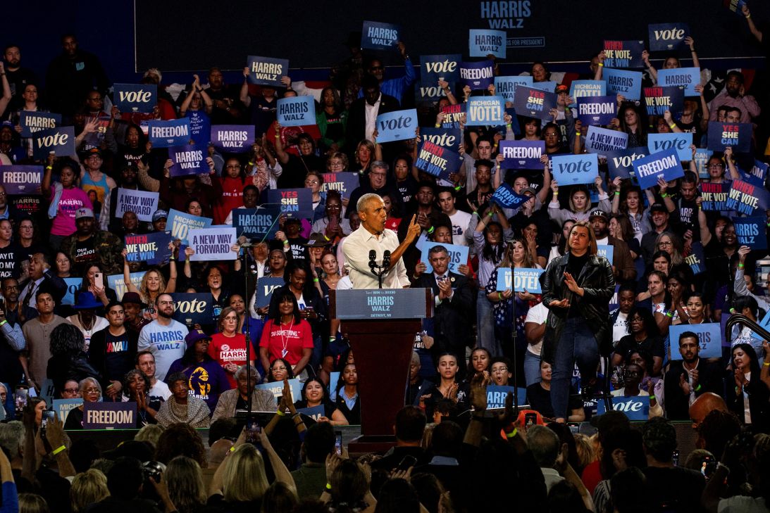 Former President Barack Obama speaks during a presidential campaign event for Vice President Kamala Harris, in Detroit on October 22, 2024.
