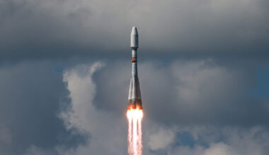 A Soyuz-2.1b rocket booster carrying satellites blasts off from its launchpad at the Vostochny Cosmodrome