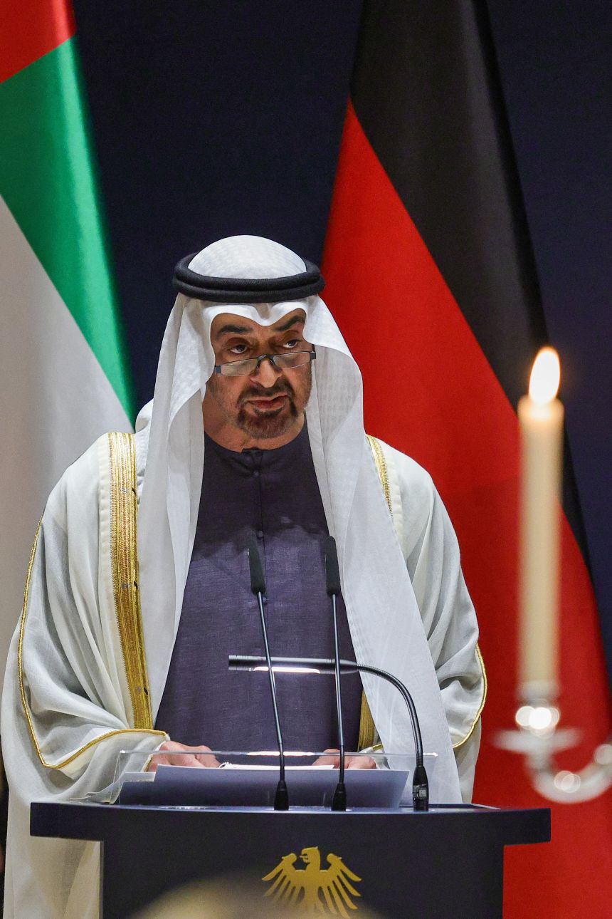 The President of the United Arab Emirates, Sheikh Mohamed bin Zayed Al Nahyan, delivers a speech during a banquet official toast at the official presidential residence, in Berlin, Germany, on September 10.