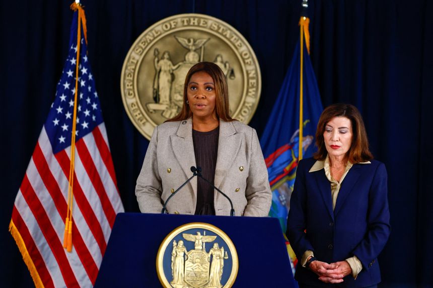 New York Gov. Kathy Hochul (R) and New York Attorney General Letitia James attend a news conference in New York City on October 2 regarding an investigation into alleged sexual assault at Cornell University.