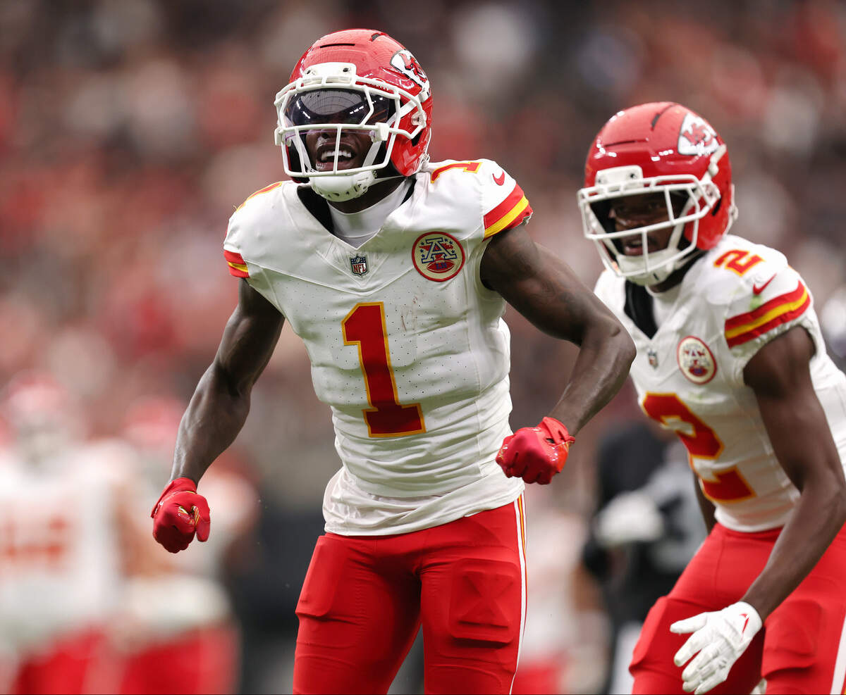 Kansas City Chiefs wide receiver Xavier Worthy (1) shouts after catching a pass against the Las Vegas Raiders during a Week 4 NFL game at Allegiant Stadium in Paradise, Nevada on Sunday, Oct. 4, 2026.