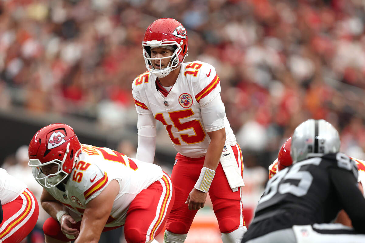 Kansas City Chiefs quarterback Patrick Mahomes (15) readies for a snap against the Las Vegas Raiders during a Week 4 NFL game at Allegiant Stadium in Paradise, Nevada on Sunday, Oct. 4, 2026.