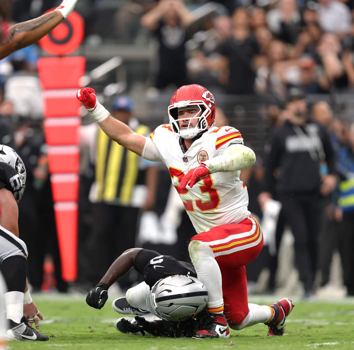 Kansas City Chiefs linebacker Drue Tranquill (23) celebrates a fourth-down stop of Las Vegas Raiders running back Ashton Jeanty (2) during a Week 4 NFL game at Allegiant Stadium in Paradise, Nevada on Sunday, Oct. 4, 2026.