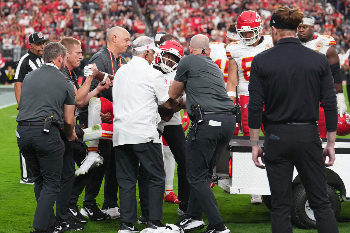 Kansas City Chiefs wide receiver Tyquan Thornton (2) is loaded onto a cart with an injury during a Week 4 NFL game against the Las Vegas Raiders at Allegiant Stadium in Paradise, Nevada on Sunday, Oct. 4, 2026.