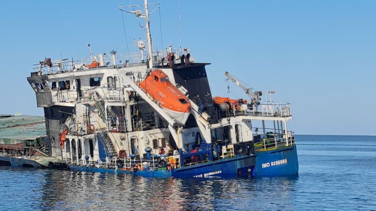 The fire-damaged “Royad Mammadov” ship in the Black Sea after a fire aboard the vessel outside Romania’s territorial waters left two people dead and prompted a rescue operation