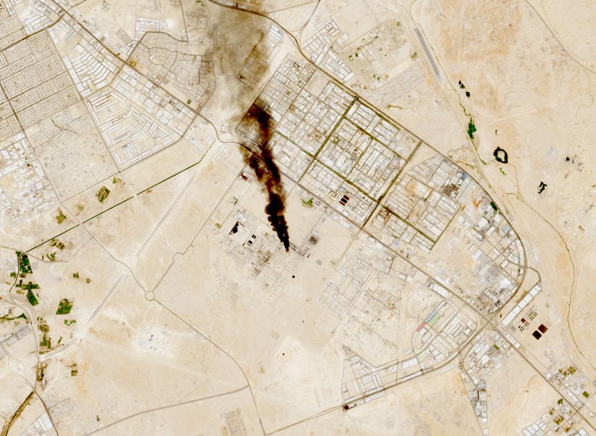 Smoke rises from the site of the Saudi Aramco refinery after reported Houthi attacks, south of Riyadh, Saudi Arabia, in this satellite image taken on October 3.