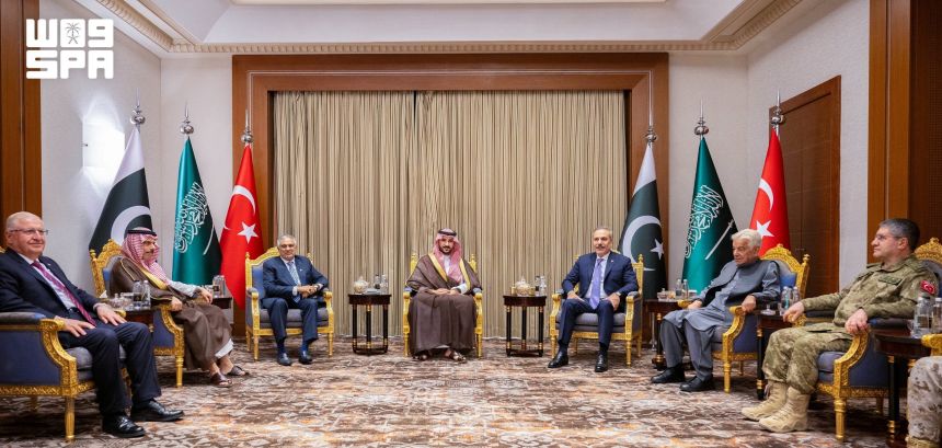 Saudi Arabia's Foreign Minister Prince Faisal bin Farhan Al Saud and Defense Minister Prince Khalid bin Salman, as well as ministers and military leaders from Turkey and Pakistan, attend the Mecca defense pact meeting between the three countries in Riyadh, on October 5.