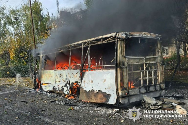 A bus burns following a Russian air strike, amid Russia’s attack on Ukraine, in the city of Kramatorsk, in Donetsk region, Ukraine October 8, 2026