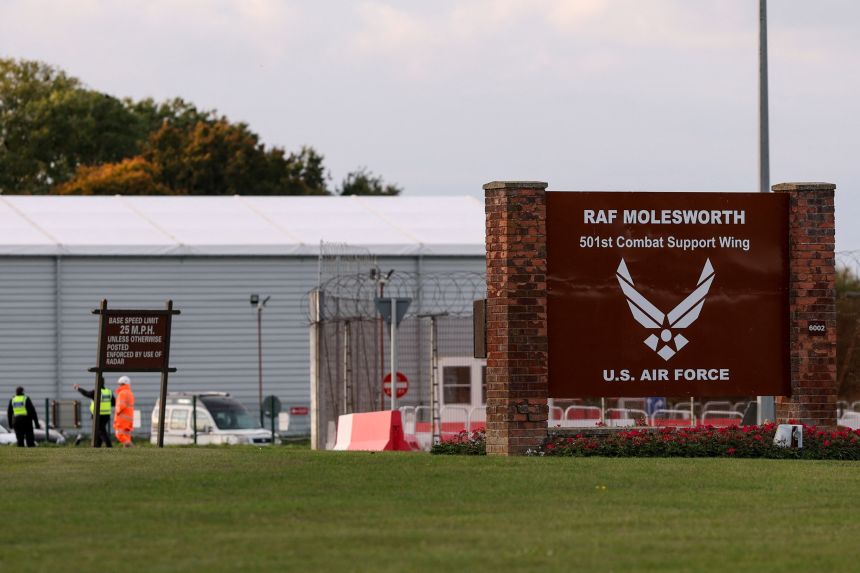 A sign at the entrance of RAF Molesworth in Cambridgeshire, Britain, October 8.